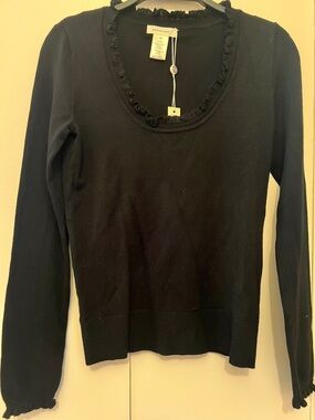 NWT Max Studio Wool-Blend Black Scoop Neck Ruffle Trim Long Sleeve Top